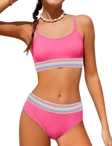 Image of Weixinbuy Girls Swimsuit Color Block Bathing Suit Adjustable Strap Two Pieces Bikini Swimsuits Beach Swimwear for Girls 9-16Y