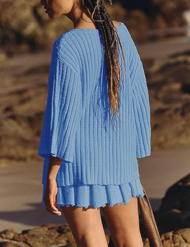 Image of Sweater Set Two Piece Skirt Sets for Women Long Sleeve Two Piece Outfits Loose Knit Pullover Mini Skirt