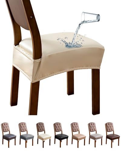 Genina Dining Chair Covers Set of 6, Waterproof PU Leather Dining Seat Covers Stretch Wipeable Dining Room Seat Cover Kitchen Chair Slipcover Protector (Rear-Covered Design, Cream)