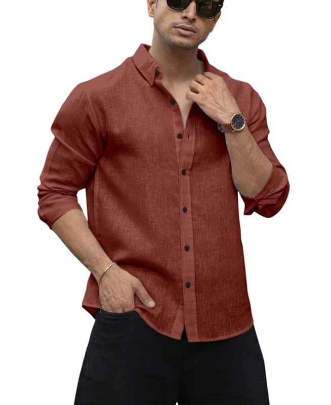 Image of Men's Solid Linen Cotton Shirt Casual Plain Full Sleeve Summer-Regular Fit Men Stylish Shirt DARK-LINEN-01