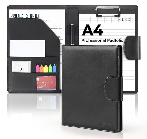NOTEZMATE Portfolio Folder A4 Faux Leather Conference Folder with Magnetic Closure Black Fold Over Business Organiser Clipboard with Pocket Document Resume File Card Holder Clipboard Memo Writing Pad