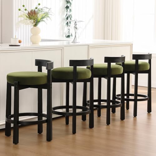 CIMOTA 26.5" Counter Height Bar Stools Set of 4 | Mid Century Modern Low Back Bar Chairs with Solid Wood Legs & Linen Upholstered Seat, Kitchen Island Stools, Beige 4 PCS 26.5" Linen Beige