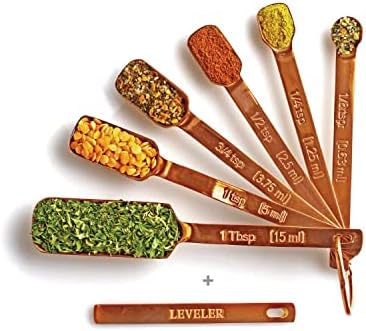 2lbDepot Copper Measuring Spoons for Baking/Cooking, Set of 7 Includes Bonus Leveler, Premium Kitchen use Stainless Steel, Metal, Rust Proof, Narrow Design fits into Spice Jars