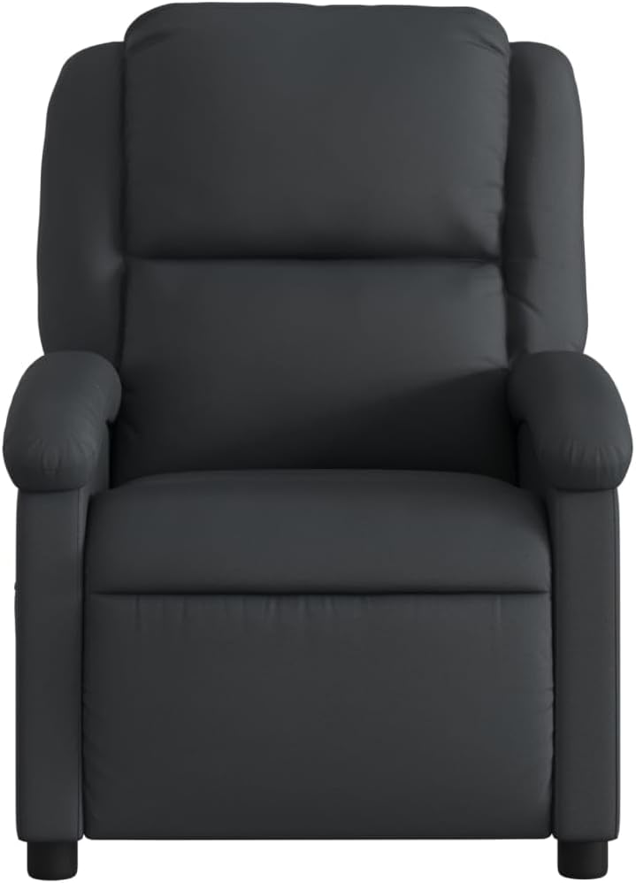 vidaXL Black Real Leather Manual Recliner Chair - Wingback Armchair with Side Pocket, Adjustable Footrest/Backrest for Home Theater/Lounge