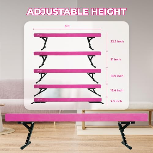 Kangaroo Hoppers Balance Beam for Kids Ages 6-12, Adjustable & Foldable Gymnastics Beam, High and Low Floor Beam, Beginners and Professionals Home Training Equipment with Anti-Slip Foot, 8FT, Pink