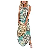 Robe Longue Sexy Bohéme Femme,Impression Longue Robe Maxi Manche Courte Soire Fête Été Plage Chic Pas Cher Robe Grandes Tailles avec Poches Robe de Plage Casual Lâche Cocktail Robes Bringbring