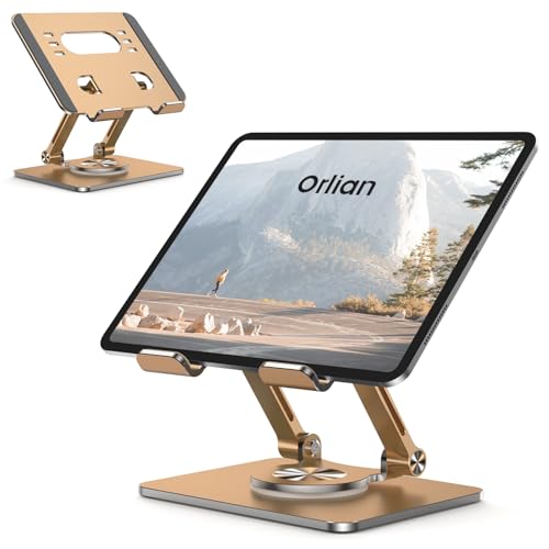 OrlianTablet Stand Holder with Thickened 360°Rotating Base Dual Rod Adjustable Aluminum Stand for All 5.8-12.9” iPad Samsung Phone Tablet Kindle E-Reader and More, Gold
