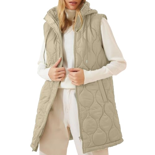 Blczomt puffer vest women Long Puffer Vest Women Quilted Sleeveless Winter Warm Jacket Lightweight Puffy Coat Trendy Zip up Outerwear with Hood Beige M