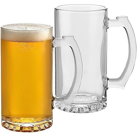 PARNOO Glass Beer Mug - Traditional 25 oz. Giant Beer Stein with Handles - Heavy-Duty Clear Drinking Glassware for Freezer & Refrigerator - Dishwasher-Friendly Beer Glasses Set of 2 Cover