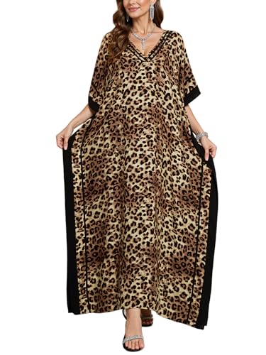 NFVNKJ Plus Size Mumu Dresses for Women - Boho Batwing Sleeve Caftan with Side Slits, Long Moo Moo Nightgown & Beach Cover Up, Leopard Print, One Size
