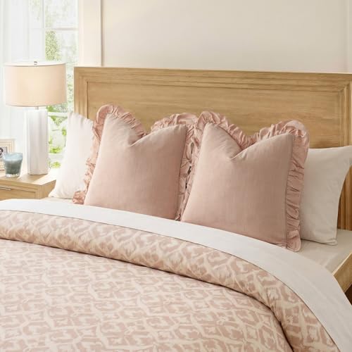 Image of Foindtower Set of 2 Decorative Linen Fringe Ruffle Throw Pillow Covers Soft Boho Farmhouse Cushion Cover Cozy Accent Retro Pillowcase for Couch Sofa Bed Living Room Home Decor,18x18 Inch,Light Pink
