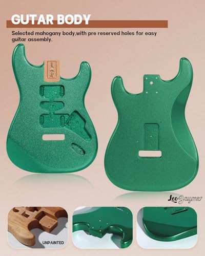 Image of Leo Jaymz DIY ST Style Electric Guitar Kits,Spray-painted Mahogany Body,Laurel Wood Fingerboard and Maple Neck, including all Components (ST-Metallic Green)