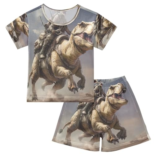 ALAZA Hipster Dinosaur Animal Color Pajamas Set Short Sleeve Cotton Sleepwear Summer Pjs 2 Piece 5-14Y