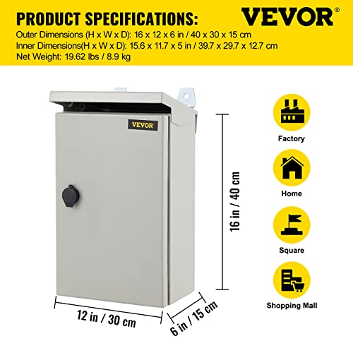 Vevor Electrical Enclosure, 16 X 12 X 6 In, Ul Nema 4 Outdoor Electrical Box, Ip65 Waterproof & Dustproof Cold-Rolled Carbon Steel Hinged Junction Box For Outdoor Indoor Use, With Rain Hood #TOP6
