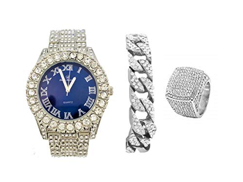 Mens Silver Big Rocks Bezel Royal-Blue Dial with Roman Numerals Fully Iced Out Watch w/Cuban Chain Bracelet & Ring Size 10- Royal Blue/Silver - ST10327CBS (10)