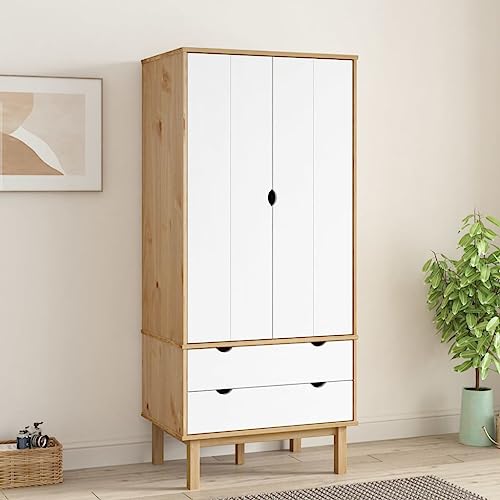 Nqyjm Armario OTTA Madera Maciza Pino marrón y Blanco 76,5x53x172 cm Pequeño Armario de Madera Maciza con cajones y Puertas Dobles