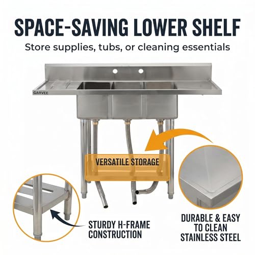 Image of Freestanding Stainless Steel Utility Sink with Hot & Cold Pull-Out Faucet, Large Capacity Laundry Sink with Storage Shelf & Drain Kit for Garage Kitchen Backyard Commercial Use