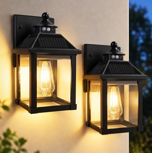CYHKEE Solar Porch Light Outdoor, Motion Sensor Wall Lantern with 3 Modes, Dusk to Dawn Waterproof Sconce for Front Door Garage Yard Fence (2 Pack) by CYHKEE - Used condition - US$56.99