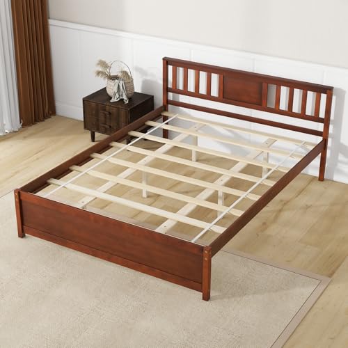 Giantex GX10842-HU Queen Size Solid Wood Platform Bed Frame, Mid Century Queen Bed Frame With Headboard, Wood Slat Support, Queen Panel Bed, No Box Spring Needed, Easy Assembly, Walnut thumb #8