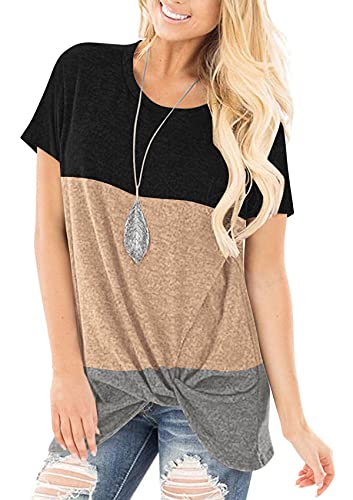 SHIBEVER Women's Tops Short Sleeve Shirts Twist Knotted T Shirts Round Neck Tunic Black Block Small