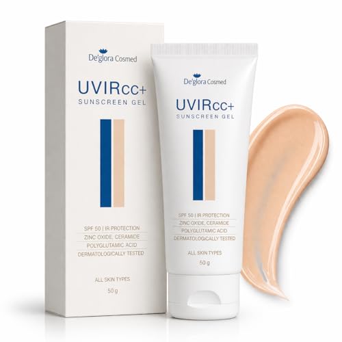Image of Deglora UVIR CC+ Colour Correction Sunscreen with Instant Glow SPF 50 PA++++ | Tinted Sunscreen Gel for Face | Zinc Oxide, Ceramide & Polyglutamic Acid | Oil-Free Matte Finish, No White Cast | Broad Spectrum UVA /UVB Protection | 50 g