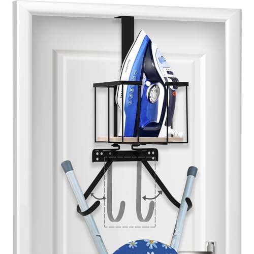 Aqash Ironing Board Hanger Over Door - Iron Holder Ironing Board Hanger Shelf Laundry Room Organization with Metal Iron Board Holder Wood Base n Adjustable Hooks for Y T Shape Legs