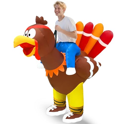 Camlinbo Inflatable Turkey Costume for Adults Thanksgiving Funny Turkey Rider Costumes Built-in Blower Sporty Turkey Trot Inflatable for Men Women Thanksgiving Party Suit Cosplay Parade