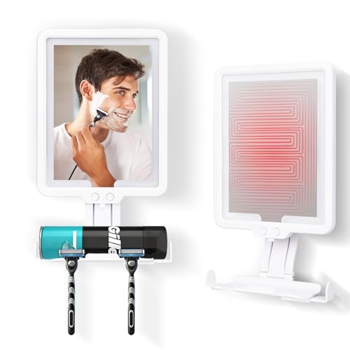 TAVADA Espejo de Ducha antivaho LED,3 Temperaturas de Color Regulables,Espejo de duchasin vaho con luz Recargable con Compartimento y Soporte para Maquinilla,Montaje en Pared (Sin Taladrar),Blanco