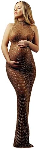 AIFOTO Maternity Photography Dresses Pregnant Gown Party Sexy Shiny Goddess Rhinestone Dress Stretchy Plus Size (Golden), 38-51