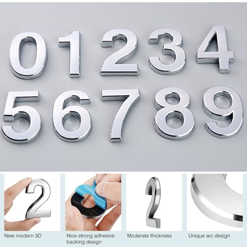 Belvanr Hausnummer Selbstklebend Hausnummer Silber Hausnummer Mailbox Nummer 0 bis 9 3D Türnummer Selbstklebend Tür Nummer Wetterfest Haustürnummer für Haus Mailbox, 5 cm 10 Stücke Silber