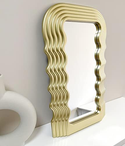 Simmer Stone Aesthetic Wave Pattern Irregular Frame Mirror, Decorative Desk Wall Mirror for Living Room Bedroom Hallway Home Decor Birthday House Warming Gift (Gold)