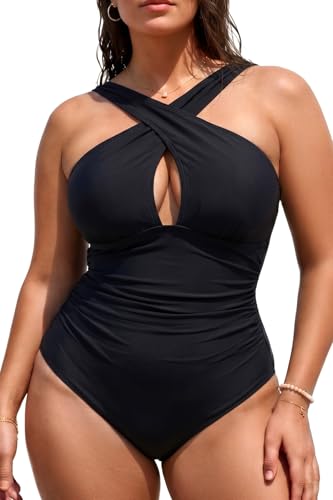 11 Affordable, Stylish Swimsuits On Amazon For Women Over 50 9 Daci Women Plus Size Swimsuits Tummy Control Black One Piece Bathing Suits Front Cross Keyhole Swimwear Black M