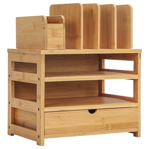 Homde Bamboo Desk Organizer with Drawer and File Holder, Office Organization for Desks with Adjustable Pen Holding, Desktop Letter Paper Tray Storage for Workplace Home School (Natural, L)