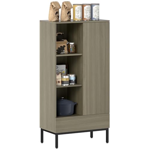 HOMCOM Aparador 1 Puerta Aparador para Salón Moderno con Cajón Estante Ajustable y 3 Compartimentos Abiertos para Comedor Entrada Dormitorio 60x34x121 cm Natural
