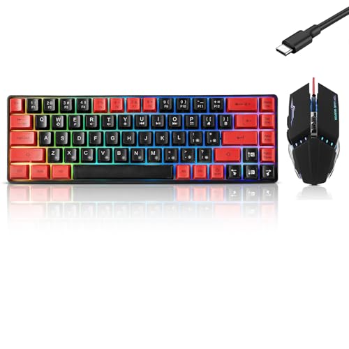 Image of Guiheng Wired 60% Gaming Keyboard and Mouse Combo, Ultra-Compact 61 Keys RGB Backlit Mini Keyboard, Lightweight 3200 DPI Optical, Wired Gaming Set for Windows,PC, MAC PS5 Xbox Gamer(Black and Red)