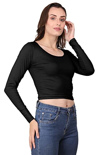 Image of A1059 Women's Cotton Scoop Neck Full Sleeve Crop Tops Black Readymade Saree Blouse for Women