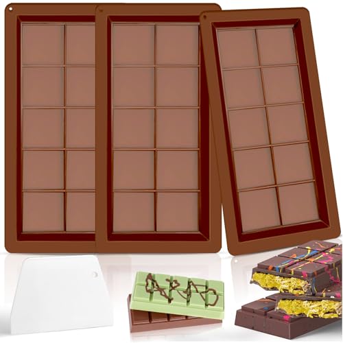 KutaKuta 3 Stück Schokoladenform Silikon Tief Schokoladentafel Form Silikonform mit Spachtel, Extra Tief Schokolade Form für Schokolade Praline Süßigkeiten Chocolate Mold Tea Spoon