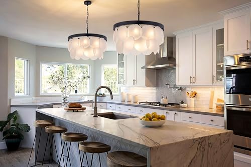 Wellmet Modern Glass Chandelier 22\", Black Farmhouse Chandeliers for Dining Rooms, Round Light Fixture with White Frosted Glass Shade for Kitchen Island, Living Room, Bedroom, Hallway - Thumbnail 7