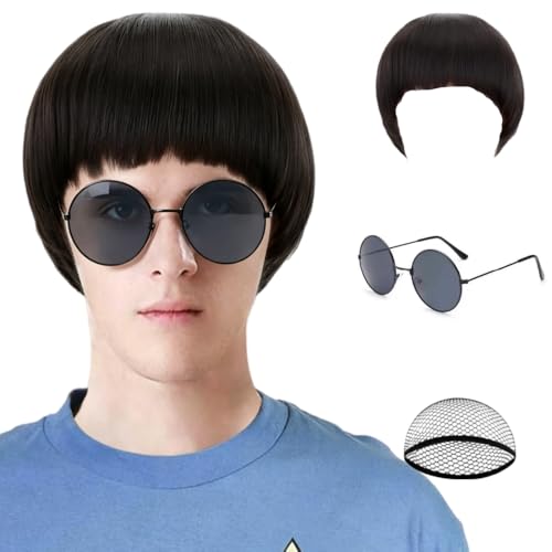 Black Bowl Cut Wig with Sunglasses