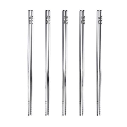 5 Pairs 304 Stainless Steel Reusable Chopsticks Dishwasher Safe Chop Sticks Lightweight Non-Slip for Cooking Home Kitchen
