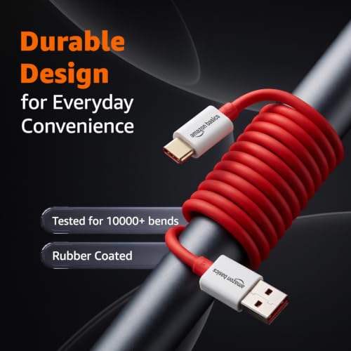 Image of amazon basics 80W USB-A to USB-C Fast Charging Cable, 1M Length, Up to 480 Mbps Data Transfer Speed, Built-in Emark Smart Chip, Compatible with Oneplus and other devices (Red)