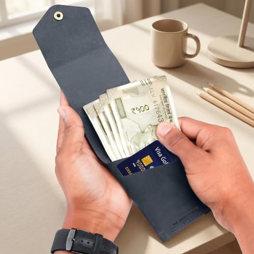 Image of The Wallet Store Flip 2.0 Genuine Leather Vertical Slim Wallet for Men | Pull-String Quick Card Access | Compact Front Cash Pocket & Button Lock | Minimalist Travel & Daily Carry Wallet (Blue)