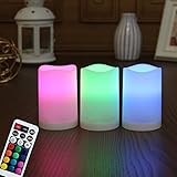 WRalwaysLX Flameless Plastic Pillar Candles Outdoor and Indoor Decorative, Color Changing LED Flickering Candles with Remote Control and Timer, Set of 3, 2.5