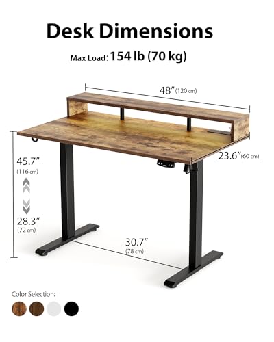 Image of Agilestic 48x24 Inch Electric Standing Desk with Shelf, Height Adjustable Desk with Power Outlet & LED, Sit Stand Up Table with Monitor Stand, Computer Workstation, Rustic Brown