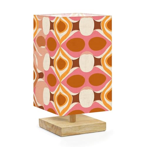 Bedside Table Lamp 70 s Retro Seamless Pattern 60s 70s Aesthetic Style Dimmable Minimalist Nightstand Lamp Square Wood Base Flaxen Fabric Shade Desk Lamps for Bedroom Living Room