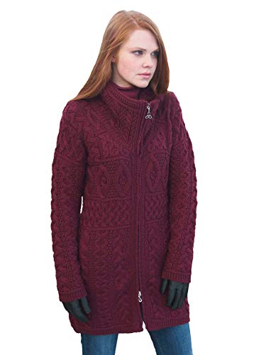 Aran Crafts Women's Irish Cable Knitted Wool Double Collar Coat (X4263-LARGE-WIN) Wine