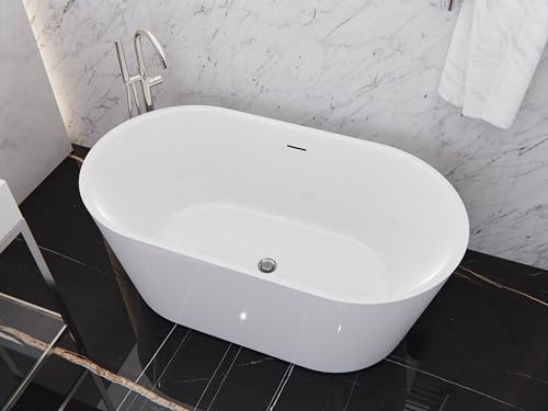 ANZZI Freestanding Bathtub 55 In Acrylic Soaking Tub Flat Bottom One Piece Marine Grade Build Glossy White Center Drain Chrome Overflow 73 Galon 55.12 x 29.53 x 22.83'' In Chand Series | FT-AZ098-55