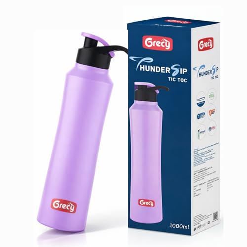 Image of GRECY Tic Toc Stainless Steel Water Bottle 1 litre Lavender Purple | Lightweight Single Wall Steel Bottle for Fridge | Flip Cap Leak Resistant | BPA Free | School Kids,Office,Gym,Travel Made in India