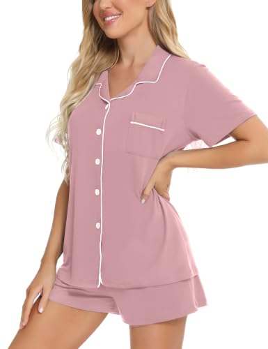 Image of SWOMOG Womens Button Down Pajamas Set Short Sleeve Sleepwear Bride Soft Pj Lounge Sets XS-3XL