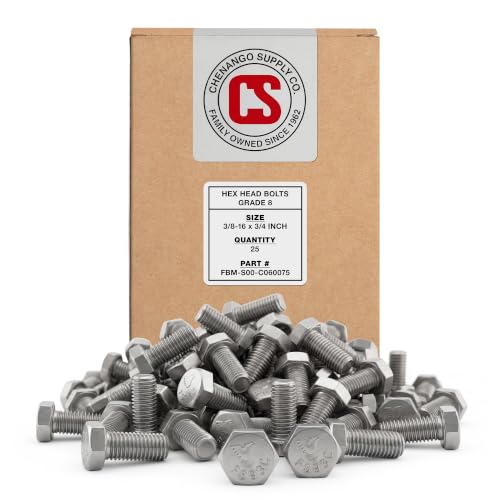 Image of Chenango Supply 3 /8-16 x 3 /4 inch Stainless Steel Hex Head Bolts - 304 Stainless, USS Coarse Thread, 100,000-125,000 PSI Tensile Strength, Corrosion-Resistant Hardware Bolts, (25 Pieces, 3 /8-16 x 75)